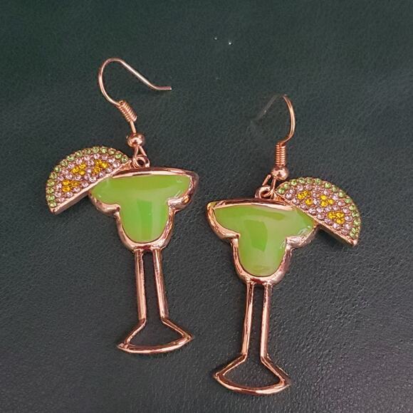 Cheers Margarita Earrings Lime Green Glasses with Sliced Lime‎ and Crystals - Picture 3 of 5